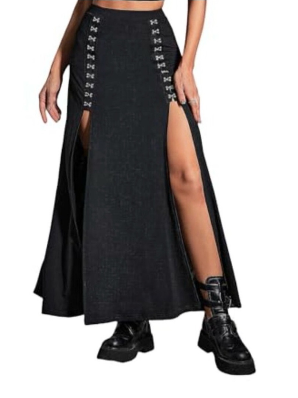 Indah L Black Maxi Skirt with Double High Slits and Hook Accents sz L